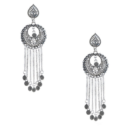 Antique Silver Oxidised Stylish Designer Tassel Afghani Chandbali Earrings for Women (SJ_1613)