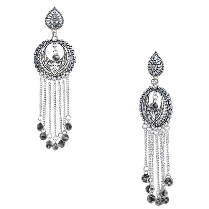 Antique Silver Oxidised Stylish Designer Tassel Afghani Chandbali Earrings for Women (SJ_1613)