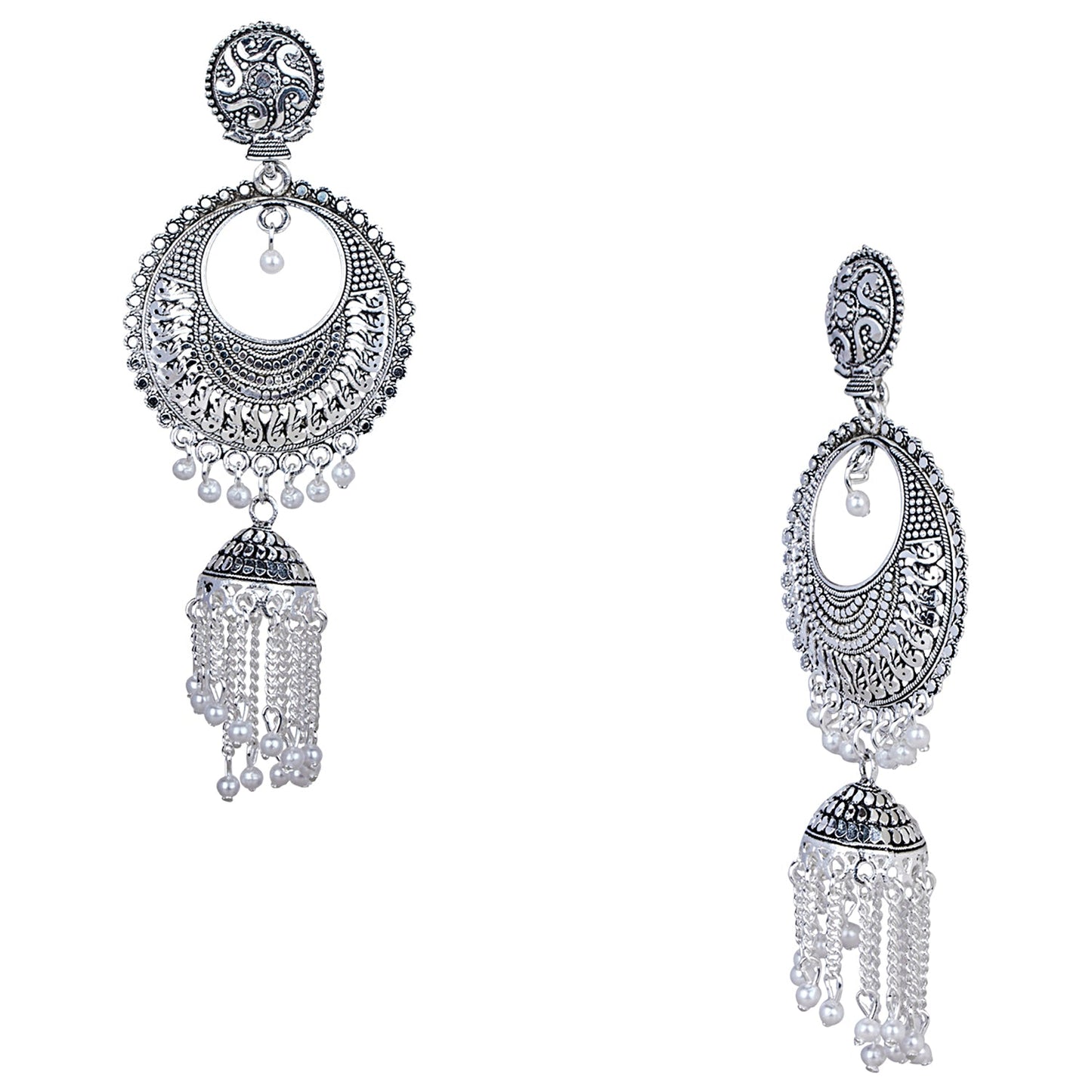 Antique Silver Oxidised Stylish Designer Tassel Afghani Chandbali Earrings for Women (SJ_1614)