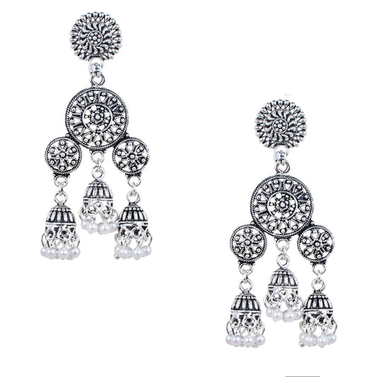 Antique Silver Oxidised Stylish Designer Tassel Afghani Chandbali Earrings for Women (SJ_1615)