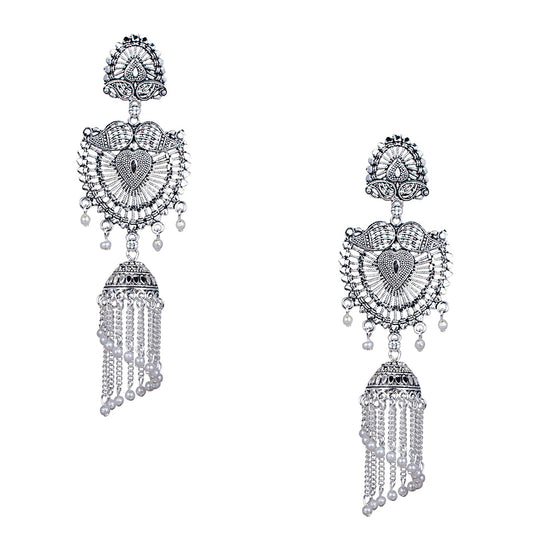 Antique Silver Oxidised Stylish Designer Tassel Afghani Chandbali Earrings for Women (SJ_1616)