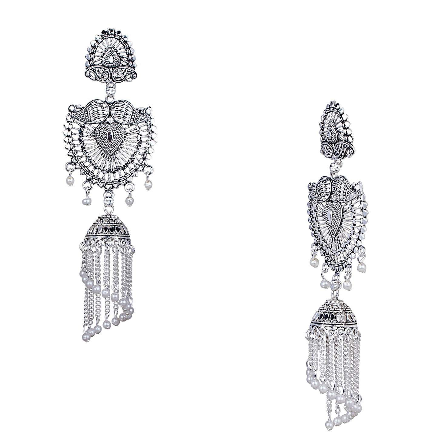 Antique Silver Oxidised Stylish Designer Tassel Afghani Chandbali Earrings for Women (SJ_1616)