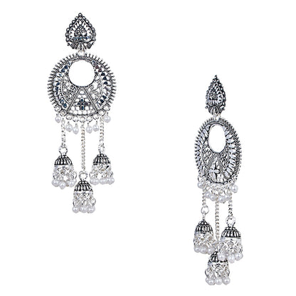 Antique Silver Oxidised Stylish Designer Tassel Afghani Chandbali Earrings for Women (SJ_1617)