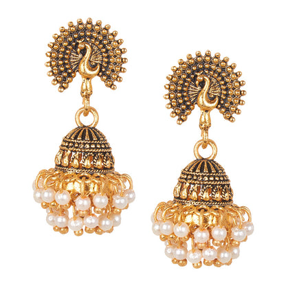 24K Gold Plated Traditional Peacock Jhumka With CZ, LCT Crystals,Kundan & Pearls Earrings for Women  (SJ_1633)