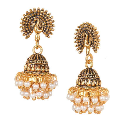 24K Gold Plated Traditional Peacock Jhumka With CZ, LCT Crystals,Kundan & Pearls Earrings for Women  (SJ_1633)