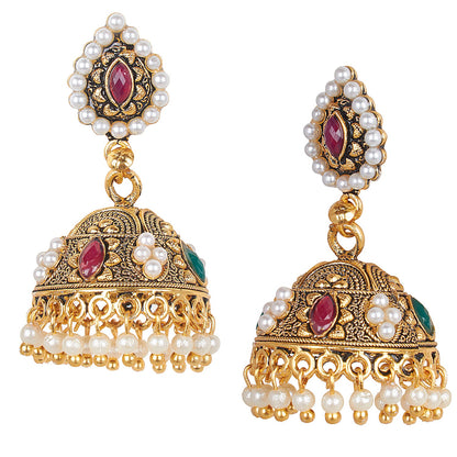 24K Gold Plated Traditional Ethnic Jhumka With CZ, LCT Crystals,Kundan & Pearls Earrings for Women  (SJ_1634)