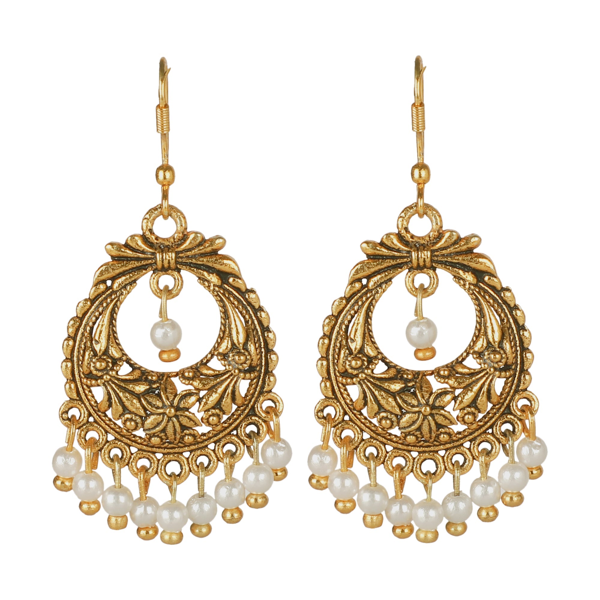 Gold-plated stone-studed pearl-tessel chandbali earrings - Adwitiya -  4172226