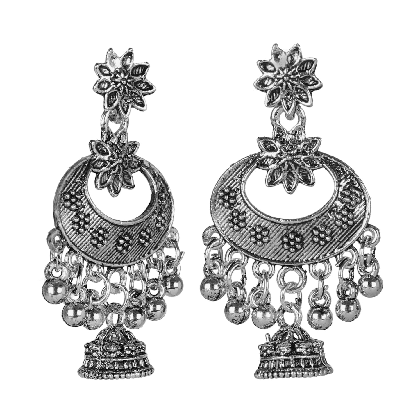 Antique German Silver Designer and Stylish Afghani Oxidised Chandbali Jhumka Dangle Drop Earrings for Women (SJ_1675)