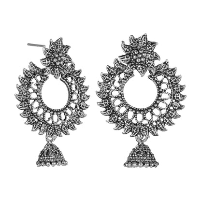 Antique German Silver Designer and Stylish Afghani Oxidised Chandbali Jhumka Dangle Drop Earrings for Women (SJ_1676)