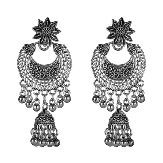 Antique German Silver Designer and Stylish Afghani Oxidised Chandbali Jhumka Dangle Drop Earrings for Women (SJ_1677)