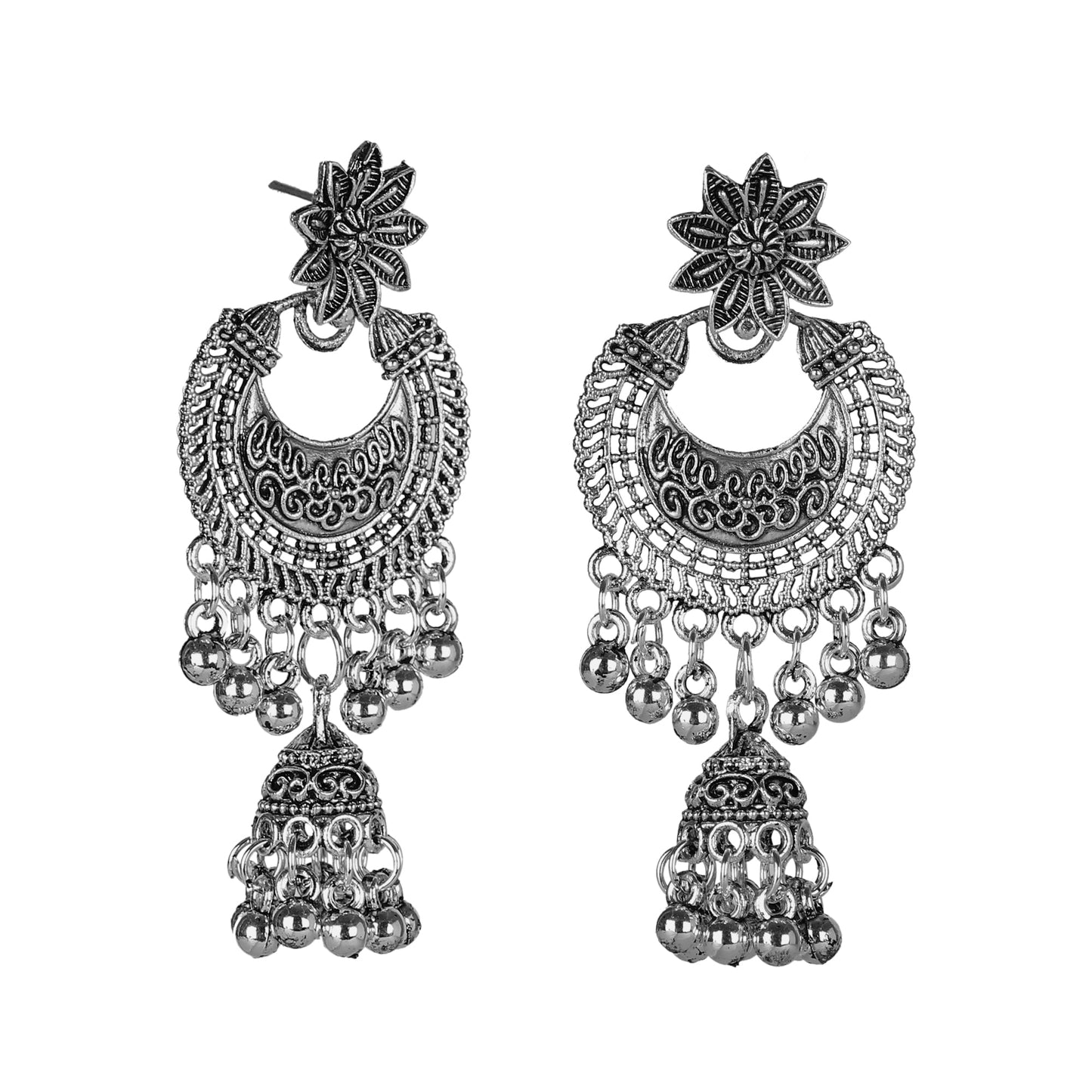 Antique German Silver Designer and Stylish Afghani Oxidised Chandbali Jhumka Dangle Drop Earrings for Women (SJ_1677)