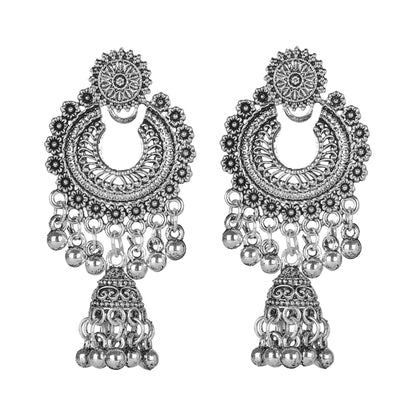 Antique German Silver Designer and Stylish Afghani Oxidised Chandbali Jhumka Dangle Drop Earrings for Women (SJ_1680)