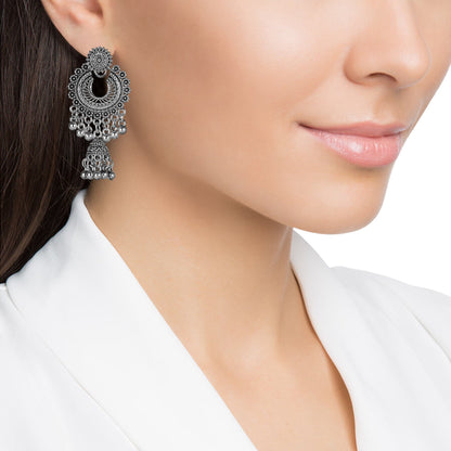 Antique German Silver Designer and Stylish Afghani Oxidised Chandbali Jhumka Dangle Drop Earrings for Women (SJ_1680)