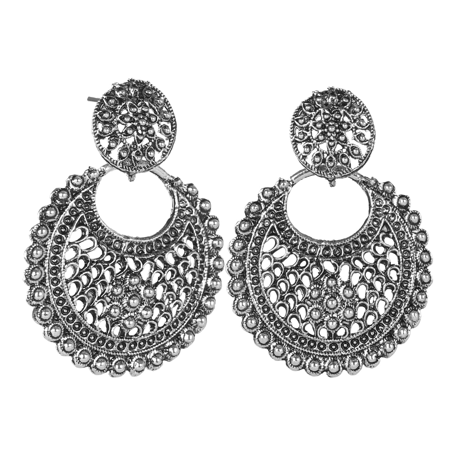 Antique German Silver Designer and Stylish Afghani Oxidised Chandbali Jhumka Dangle Drop Earrings for Women (SJ_1684)