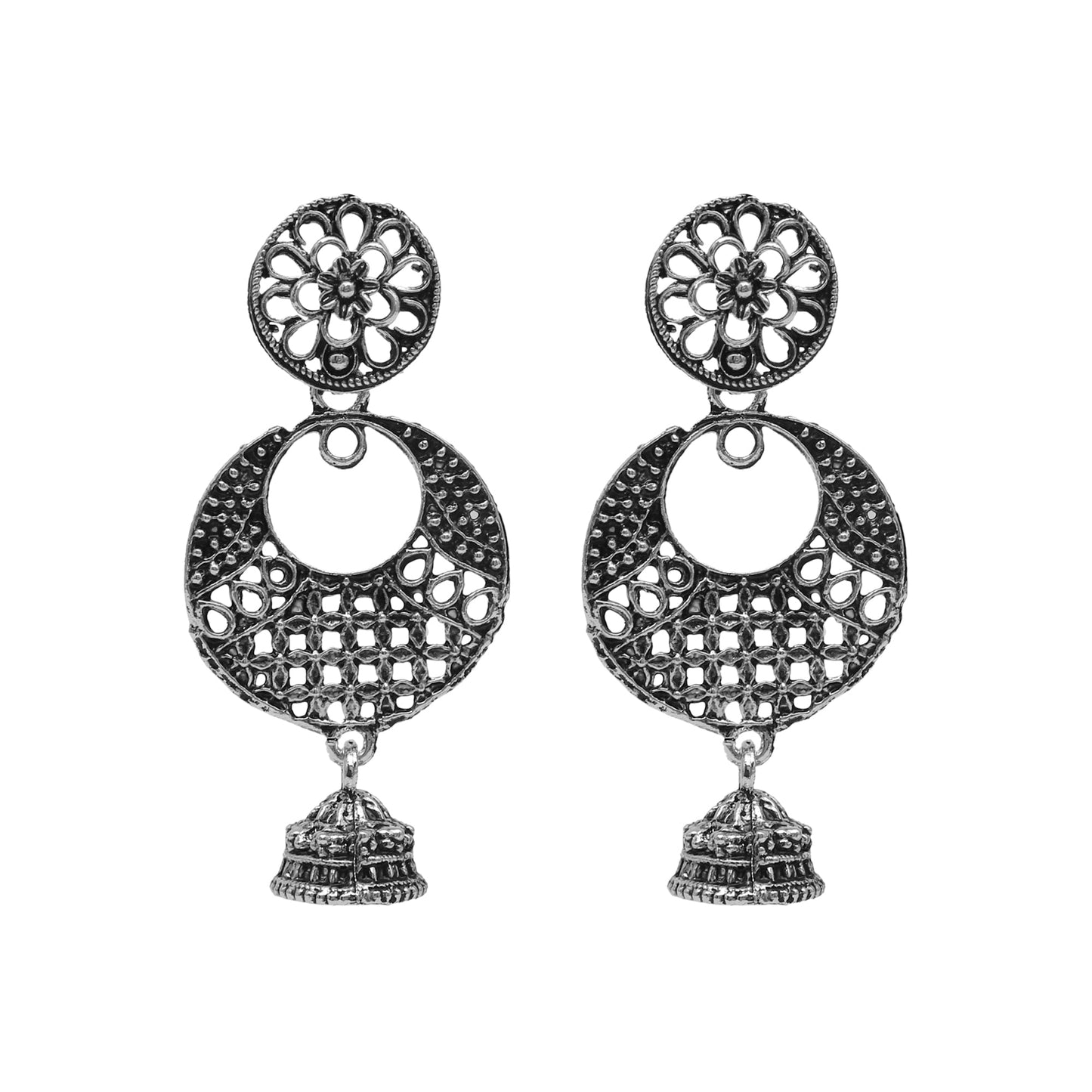 Antique German Silver Designer and Stylish Afghani Oxidised Chandbali Jhumka Dangle Drop Earrings for Women (SJ_1687)