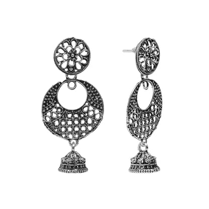 Antique German Silver Designer and Stylish Afghani Oxidised Chandbali Jhumka Dangle Drop Earrings for Women (SJ_1687)