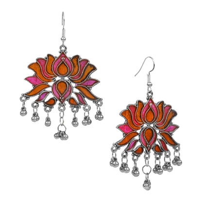 Antique German Silver Designer and Stylish Afghani Oxidised Dangle Kamal Lotus Chandbali Earrings for Women (SJ_1743)