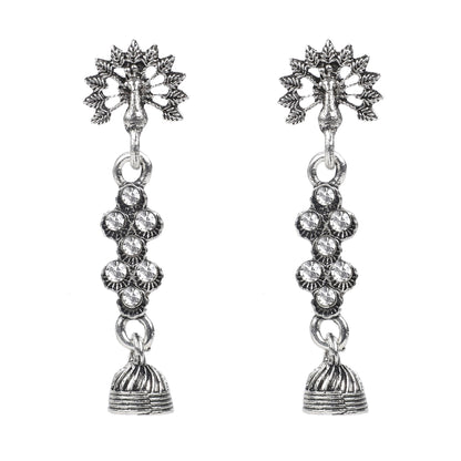 Antique Oxidised Silver Drop Earrings with Crystals for Women & Girls  (SJ_1760)