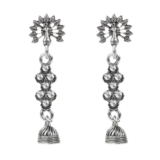 Antique Oxidised Silver Drop Earrings with Crystals for Women & Girls  (SJ_1760)