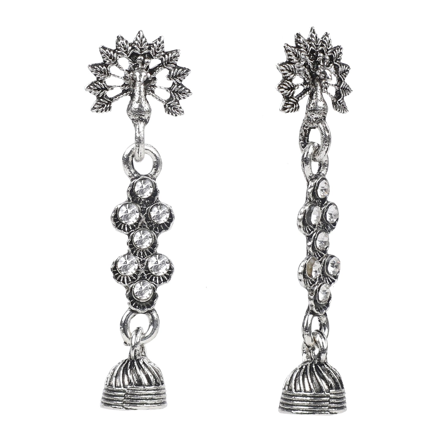 Antique Oxidised Silver Drop Earrings with Crystals for Women & Girls  (SJ_1760)