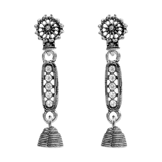 Antique Oxidised Silver Drop Earrings with Crystals for Women & Girls  (SJ_1762)