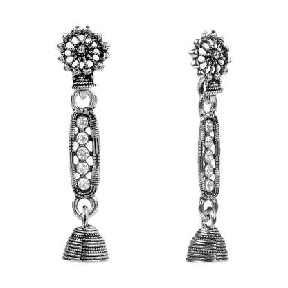 Antique Oxidised Silver Drop Earrings with Crystals for Women & Girls  (SJ_1762)