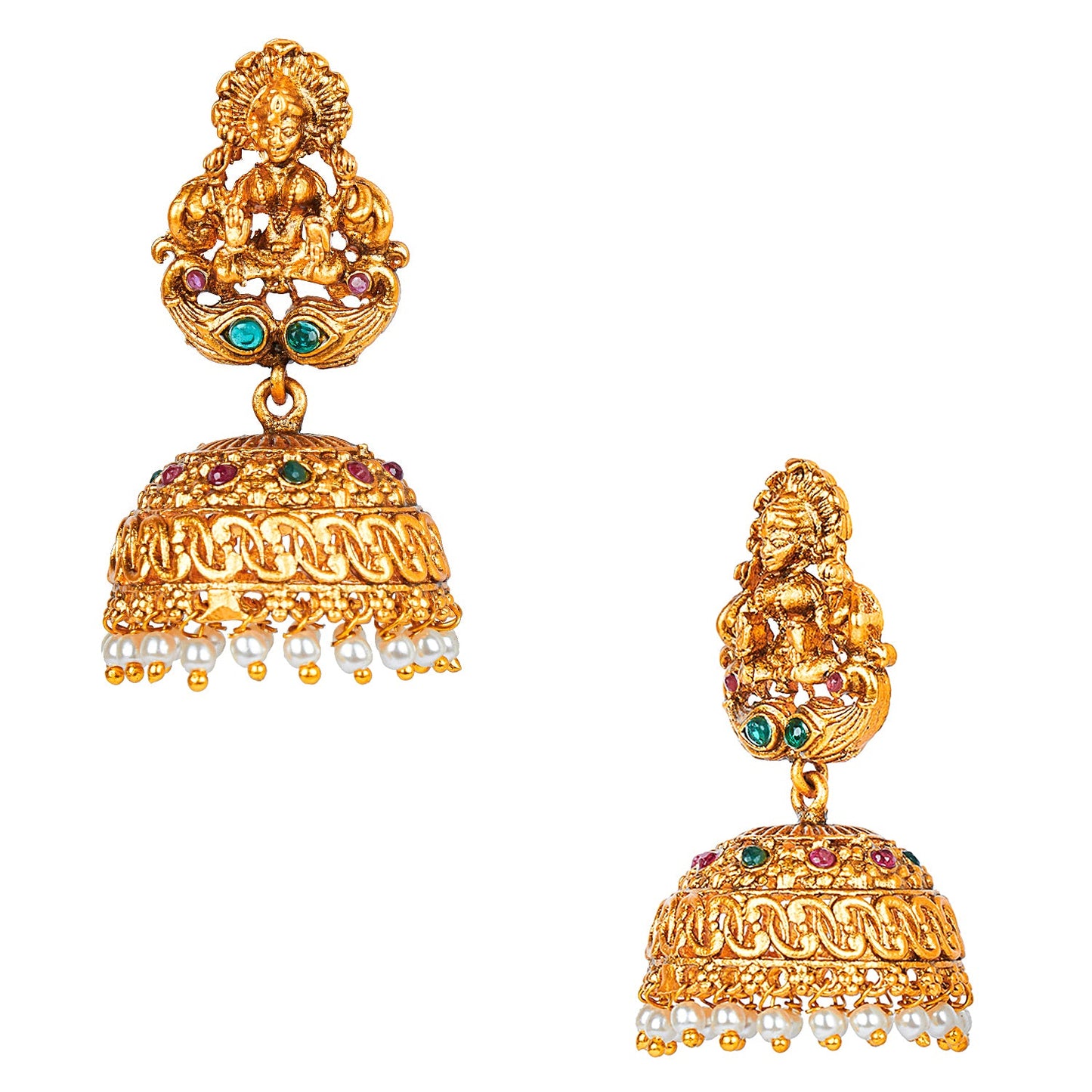 Handcrafted 18K Antique Gold Plated Kundan Polki Godess Lakshmi Temple Jewellery Jhumka Earring For Women (SJ_1780)