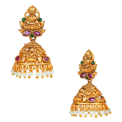 Handcrafted 18K Antique Gold Plated Kundan Polki Godess Lakshmi Temple Jewellery Jhumka Earring For Women (SJ_1781)