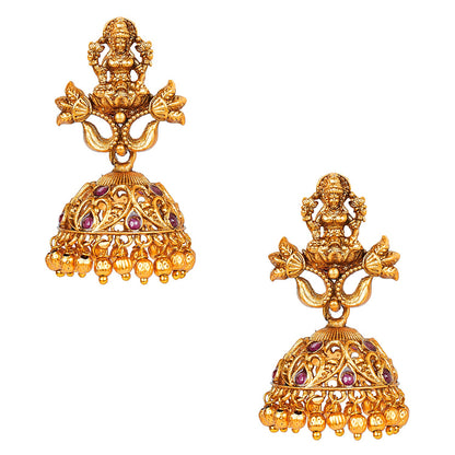 Handcrafted 18K Antique Gold Plated Kundan Polki Godess Lakshmi Temple Jewellery Jhumka Earring For Women (SJ_1782)