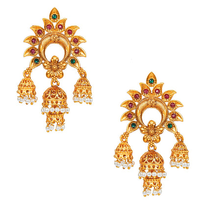 Handcrafted 18K Antique Gold Plated Kundan Polki Temple Jewellery Chandbali Jhumka Earring For Women (SJ_1784)