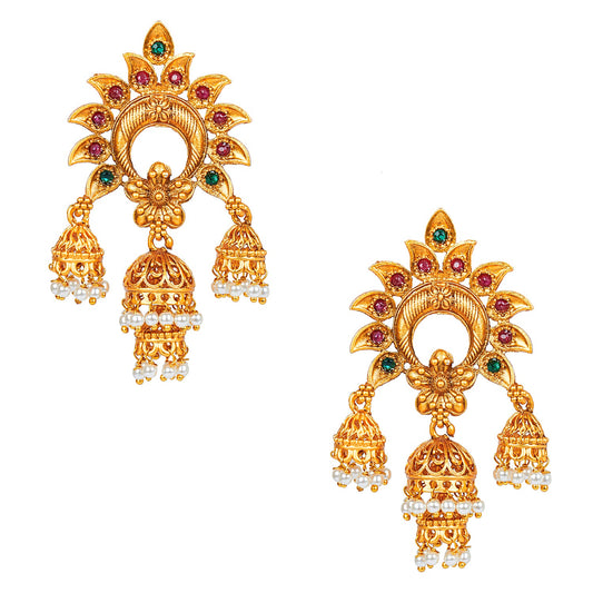 Handcrafted 18K Antique Gold Plated Kundan Polki Temple Jewellery Chandbali Jhumka Earring For Women (SJ_1784)