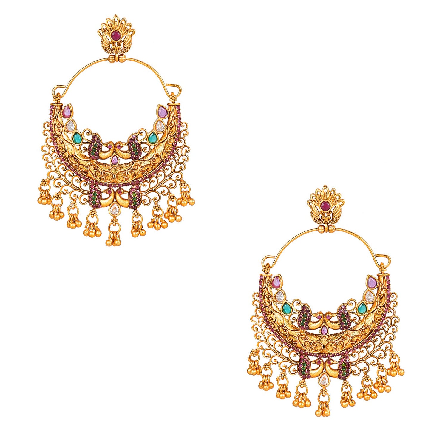 Handcrafted 18K Antique Gold Plated Kundan Polki Temple Jewellery Chandbali Earring For Women (SJ_1786)