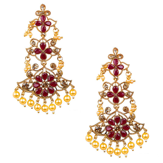 24K Gold Plated Traditional Designer Ethnic Chandbali With CZ, LCT Crystals,Kundan, Polki & Pearls Earrings for Women  (SJ_1789_M)