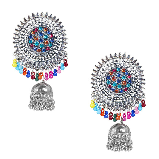 Stylish Oxidised Silver Multicolor Designer Chandbali Jhumka Earring for Girls and Women (SJ_1830)