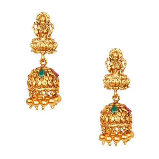 Shining Jewel Handcrafted 18K Antique Gold Plated Kundan Polki Godess Lakshmi Temple Jewellery Jhumka Earring For Women (SJ_1837)