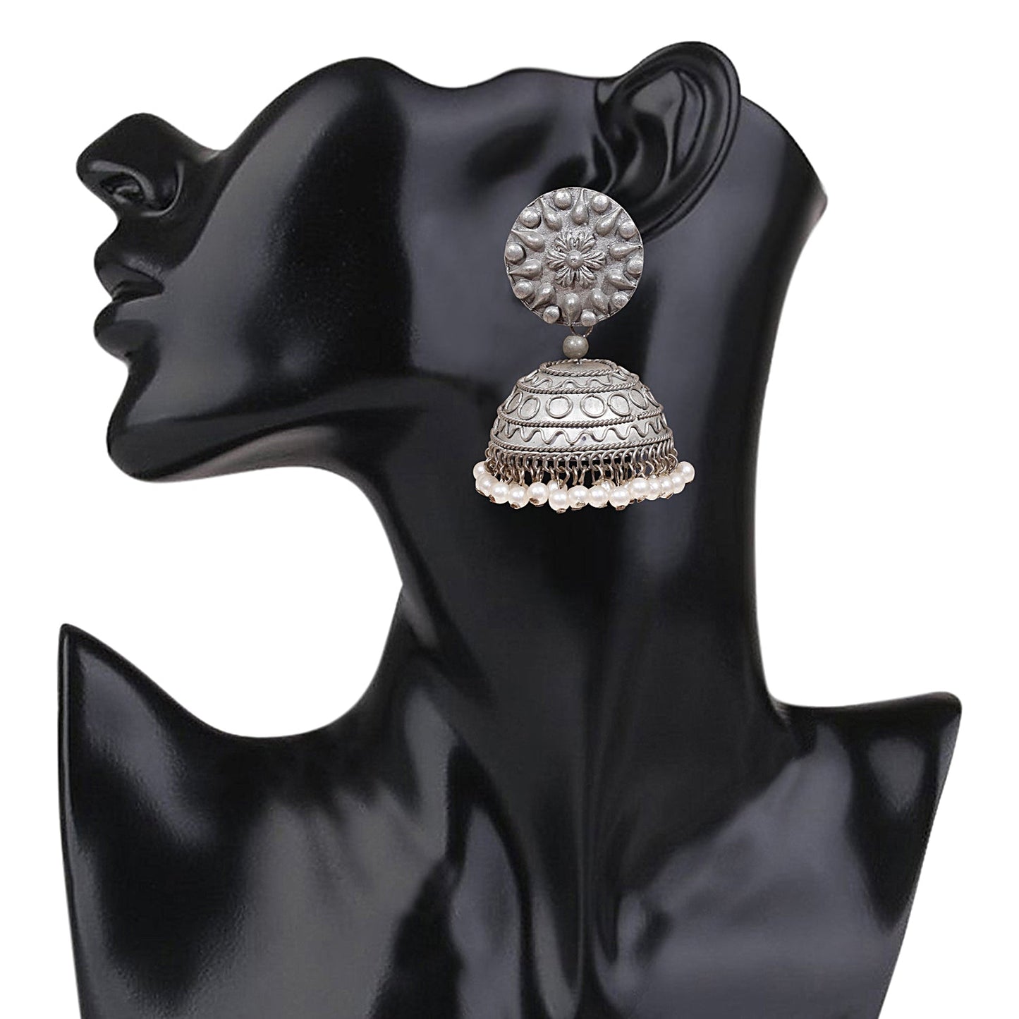 Shining Jewel Antique Real Authentic Silver Look Oxidised Big Jhumka Earrings For Women & Girls(SJ_1854)