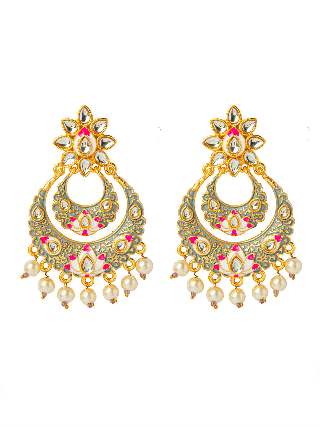 Shining Jewel Handcrafted Gold Plated Designer Traditional Ethnic Meenakari Kundan Chandbali Earrings Women (SJ_1872_GY)