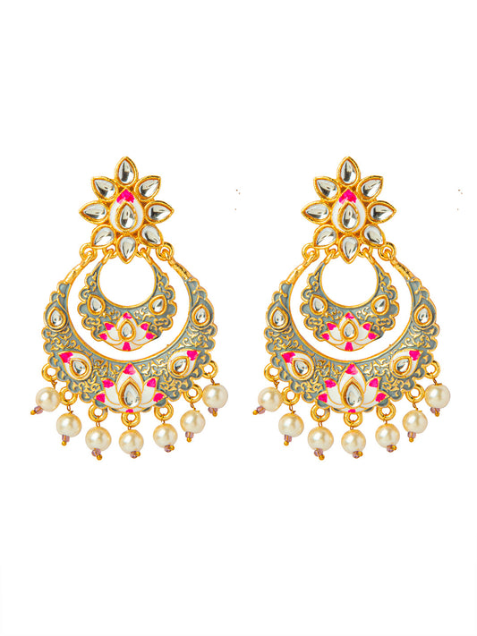 Shining Jewel Handcrafted Gold Plated Designer Traditional Ethnic Meenakari Kundan Chandbali Earrings Women (SJ_1872_GY)