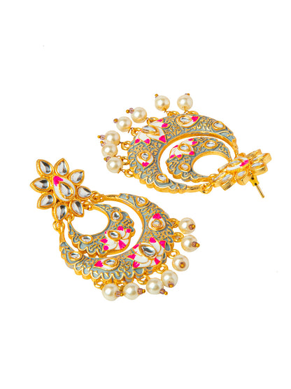 Shining Jewel Handcrafted Gold Plated Designer Traditional Ethnic Meenakari Kundan Chandbali Earrings Women (SJ_1872_GY)