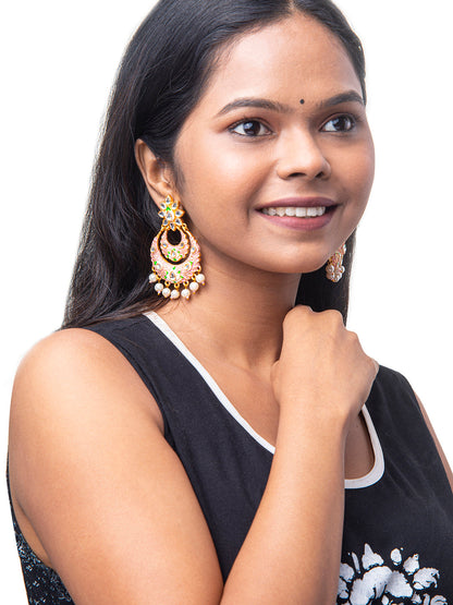 Shining Jewel Handcrafted Gold Plated Designer Traditional Ethnic Meenakari Kundan Chandbali Earrings Women (SJ_1872_P)