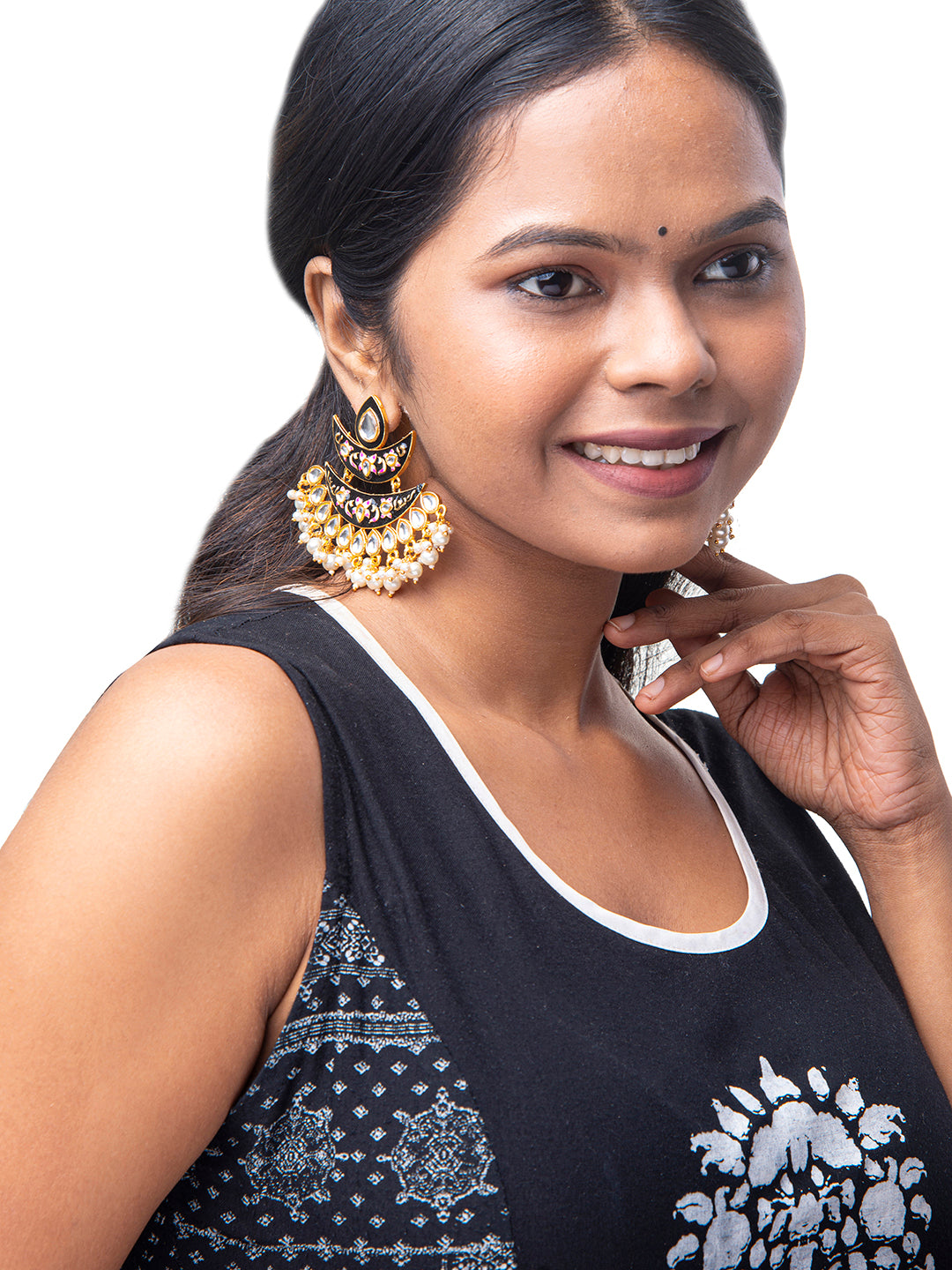 Shining Jewel Handcrafted Gold Plated Designer Traditional Ethnic Meenakari Kundan Chandbali Earrings Women (SJ_1875_BK)