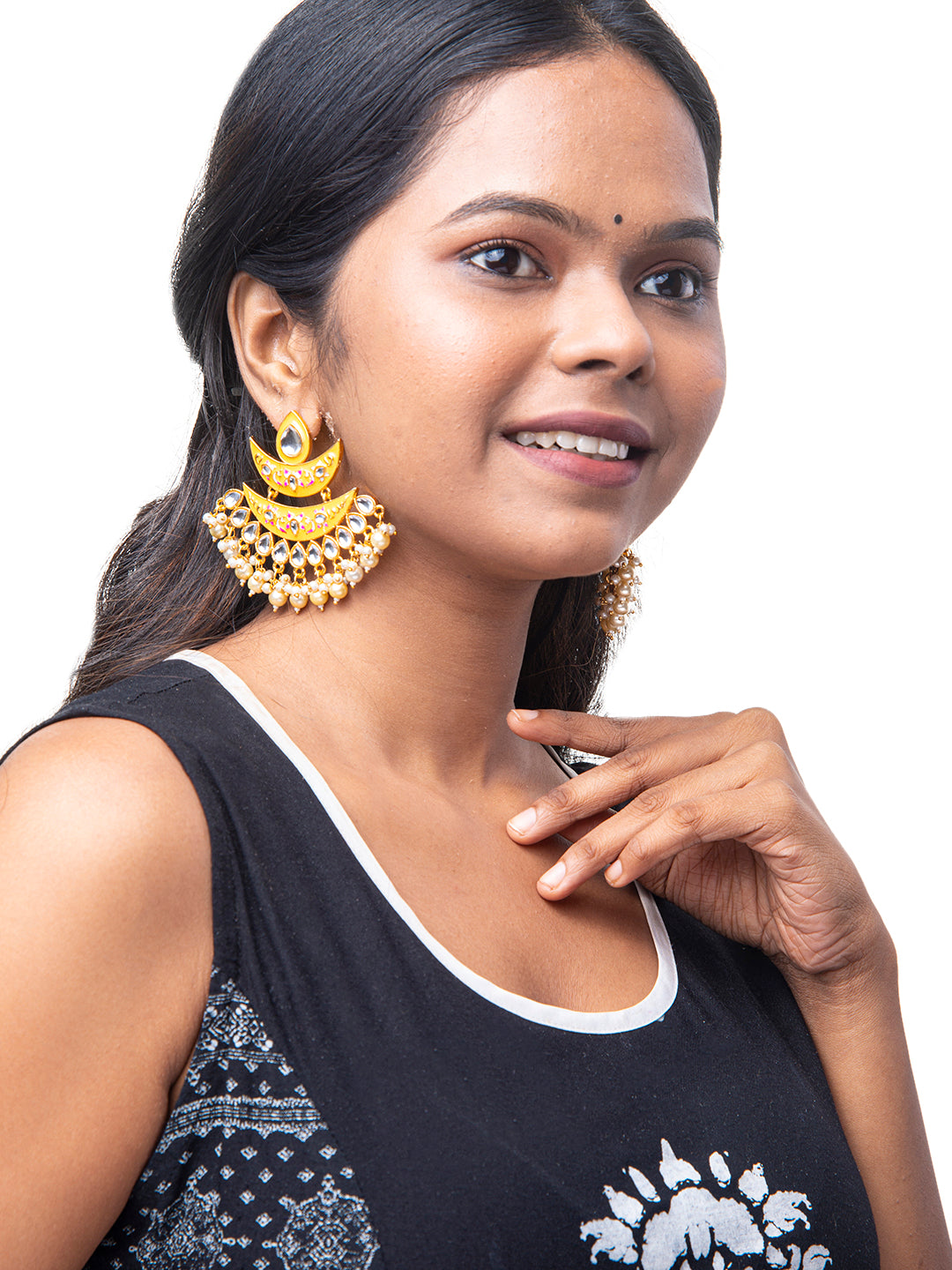 Shining Jewel Handcrafted Gold Plated Designer Traditional Ethnic Meenakari Kundan Chandbali Earrings Women (SJ_1875_Y)