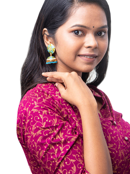 Shining Jewel Handcrafted Gold Plated Designer Traditional Ethnic Meenakari Kundan Jhumka Earrings Women (SJ_1881_BL)