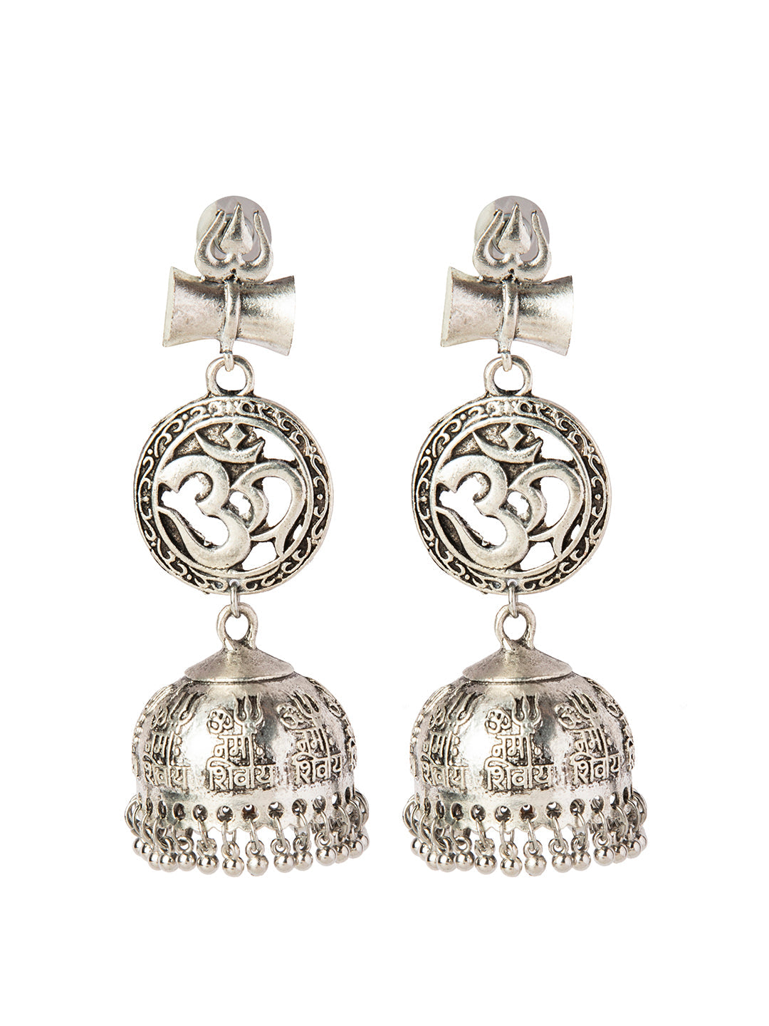 Shining Jewel Silver Plated Antique Authentic Look Oxidised Trishul Damroo Jhumka Earrings For Women Girls(SJ_1890) Silver Inches