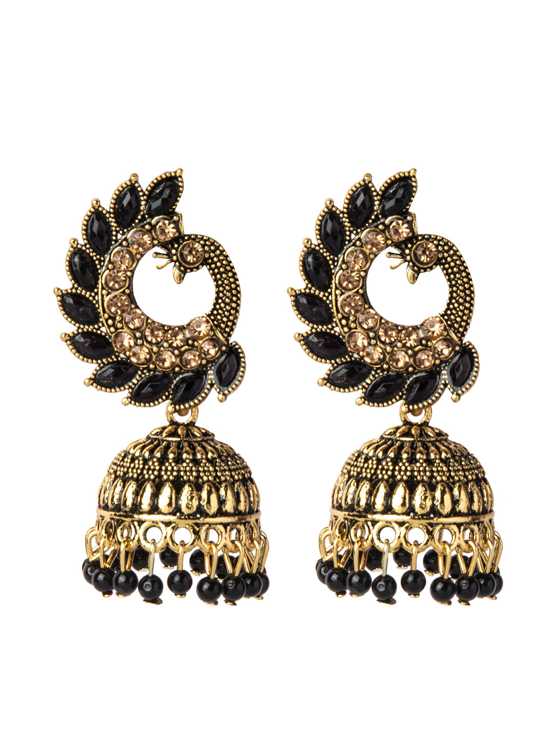 Shining Jewel Gold Plated Antique Traditional Peacock Jhumka With CZ, LCT Crystals,Kundan & Pearls Earrings for Women (SJ_1891_BK)