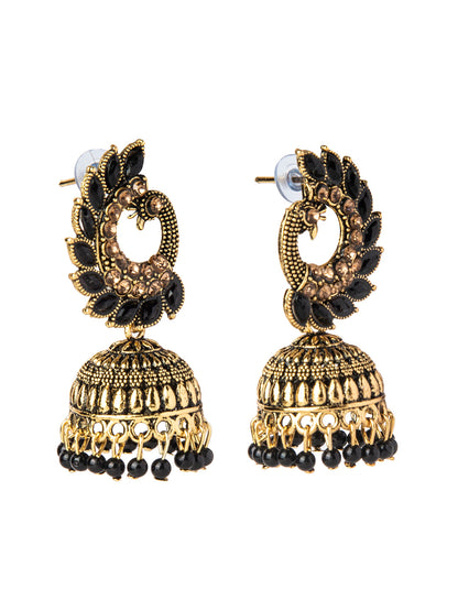 Shining Jewel Gold Plated Antique Traditional Peacock Jhumka With CZ, LCT Crystals,Kundan & Pearls Earrings for Women (SJ_1891_BK)