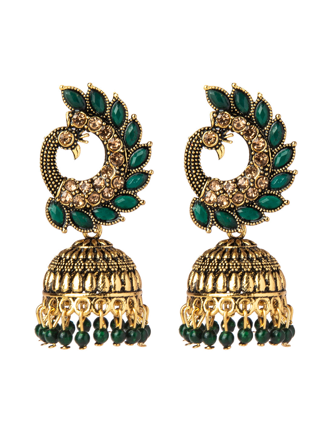 Shining Jewel Gold Plated Antique Traditional Peacock Jhumka With CZ, LCT Crystals,Kundan & Pearls Earrings for Women (SJ_1891_G)