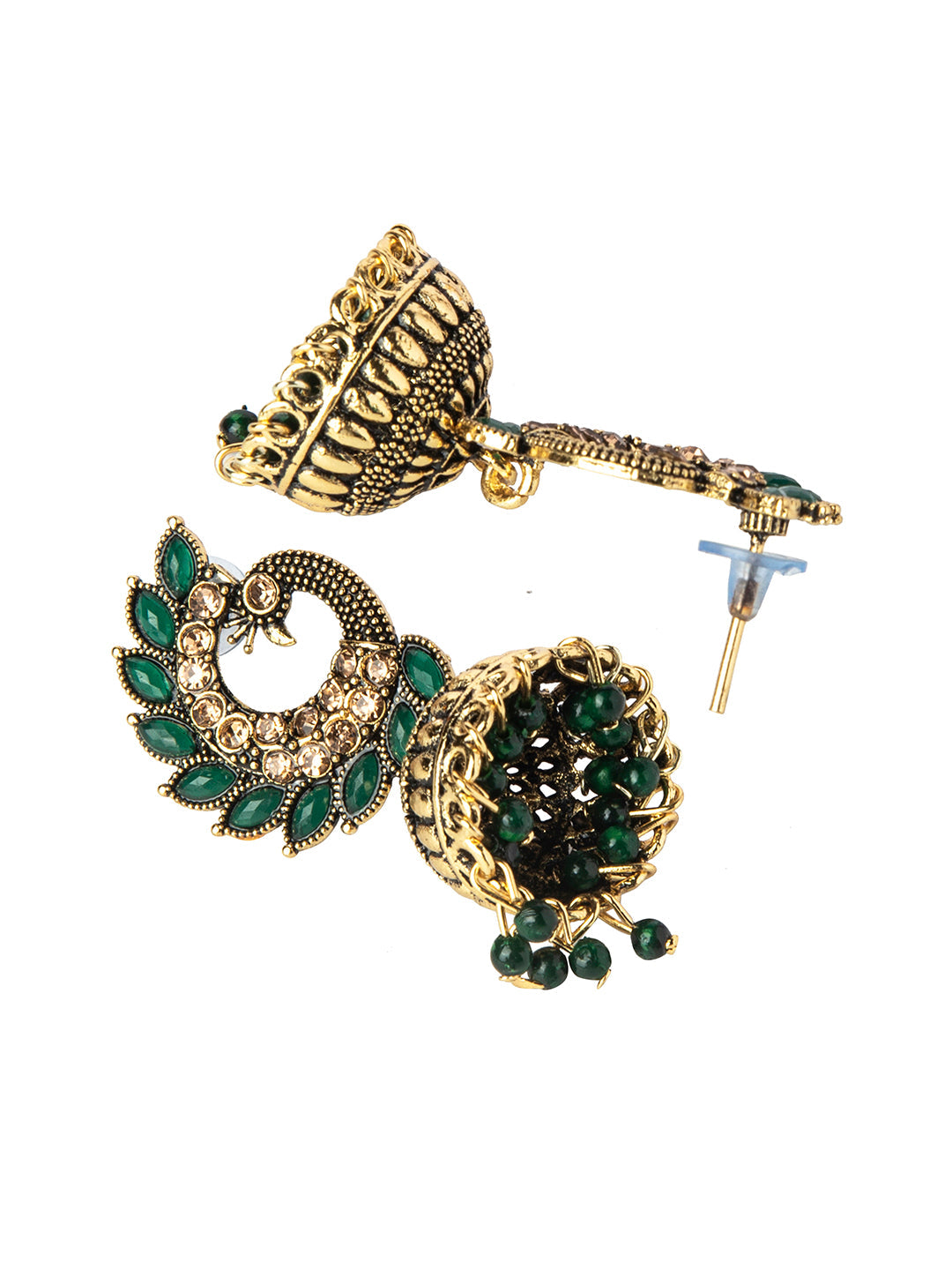 Shining Jewel Gold Plated Antique Traditional Peacock Jhumka With CZ, LCT Crystals,Kundan & Pearls Earrings for Women (SJ_1891_G)