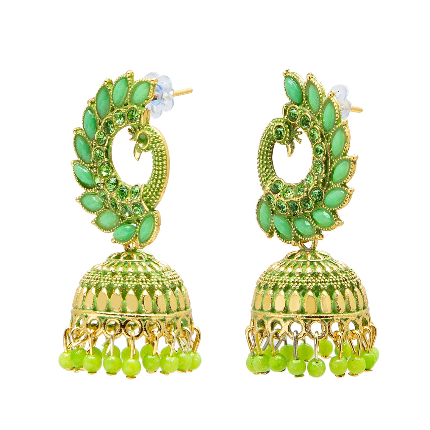 Shining Jewel Gold Plated Antique Traditional Peacock Jhumka With CZ, LCT Crystals,Kundan & Pearls Earrings for Women (SJ_1891_LG)