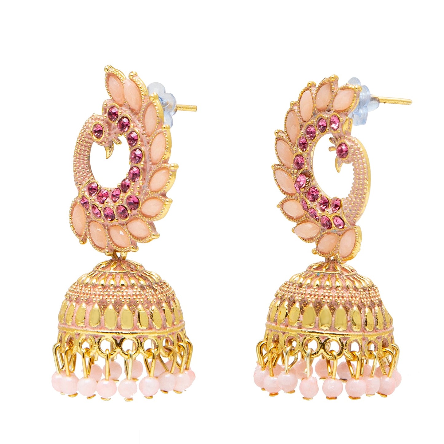 Shining Jewel Gold Plated Antique Traditional Peacock Jhumka With CZ, LCT Crystals,Kundan & Pearls Earrings for Women (SJ_1891_LP)